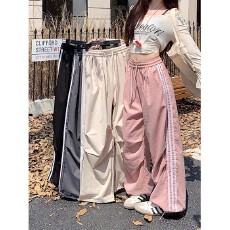 批发褶皱高腰山本休闲裤女<b class='q'>春秋</b>新款运动三条杠束脚工装裤拖地长裤