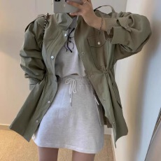 批发<b class='q'>韩国</b>chic春夏复古气质翻领拉链式暗扣抽褶收腰显瘦百搭<b class='q'>风衣</b>外套女