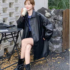 批发黑色美式气质甜酷炸街<b class='q'>皮衣</b>中长款<b class='q'>外套</b>女2025春季新款百搭PU皮夹克