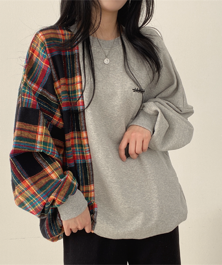 한국 chic 가을 연령 감소 레트로 작은 대중 디자인 센스 품격 라운드 넥 체크무늬 패치워크 루즈핏 긴팔 티셔츠 여성