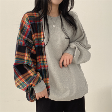 批发<b class='q'>韩国</b>chic秋季减龄复古小众设计感气质圆领格子拼接宽松长袖T恤女