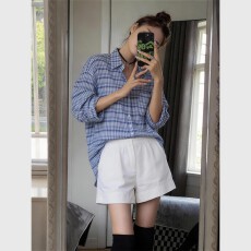 批发韩系蓝色格子春夏防晒<b class='q'>衬衫</b>外套通勤宽松慵懒风长袖<b class='q'>衬衣</b>