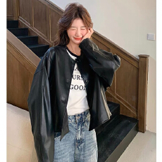 批发黑色复古圆领又a又飒氛围感皮衣短外套女早春新款小个子美式上衣