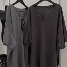 批发大领口V领短袖<b class='q'>T</b><b class='q'>恤</b>女夏季韩版宽松大码中<b class='q'>长款</b>打底衫慵懒风纯棉上衣