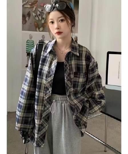아메리칸 다용도 홍콩 느낌 루즈핏 긴팔 셔츠 재킷 체크무늬 여성 셔츠 봄 레트로 얇은 스타일 태양 보호 셔츠 맨위