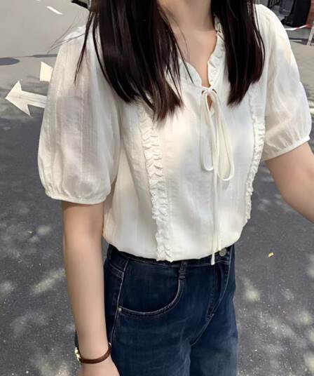 프랑스식 레이스 칼라 레이스업 화이트 여성 셔츠 여름 새로운 고급 센스 부드러운 바람 품격 Chic 반팔 맨위