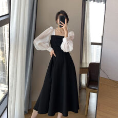 批发2026长袖黑色<b class='q'>欧根纱</b>炸街<b class='q'>连衣裙</b>女新款春秋拼接方领法式裙子网纱裙
