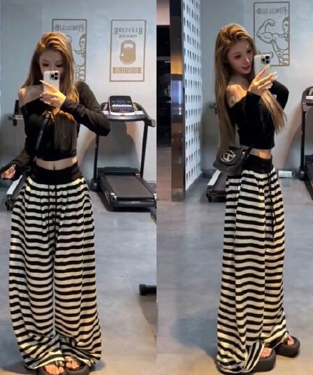 이른 가을 순수한 욕망 바람 핫걸 비스듬한 어깨 짧은 긴팔 맨위 하이웨이스트 스트라이프 펌프 로프 와이드 레그 팬츠 작은 키 세트 트렌디