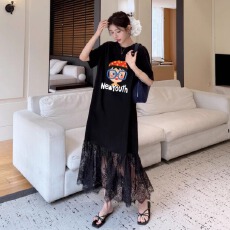 批发高端胖mm大码<b class='q'>连衣裙</b>子碎花蕾丝宽松夏装长款过膝T恤裙