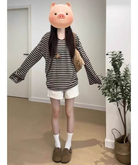 2026 가을 새로운 느긋한 바람 스트라이프 대 네클라인 u 칼라 긴팔 티셔츠