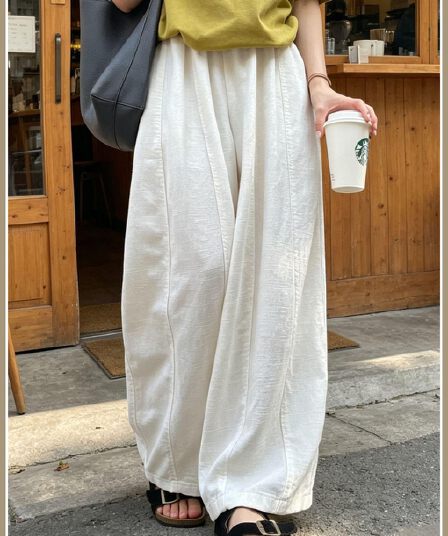 화이트 모통이 칼 와이드 레깅스 바지 가을 얇은 스타일 루즈핏 느긋한 캐주얼 바지 하이웨이스트 슬림해 보이는 캐주얼 면 린넨 풍선 바지