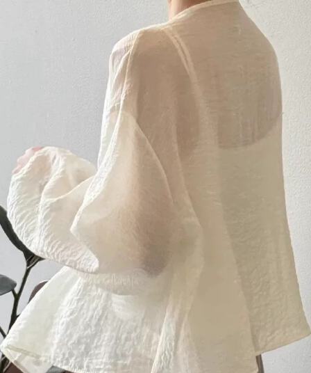 2026 느긋한 바람 면 린넨 셔츠 여성 코트 여름 외부 가져 가라. Tulle 블라우스 자외선 차단 오픈 가디건 에어컨 셔츠 맨위