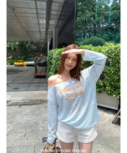 주간 실크 눈꽃 느긋한 수식 한 부서 스트라이프 자수 알파벳 긴팔 티셔츠 여성 가을 다용도 슬림해 보이는 맨위