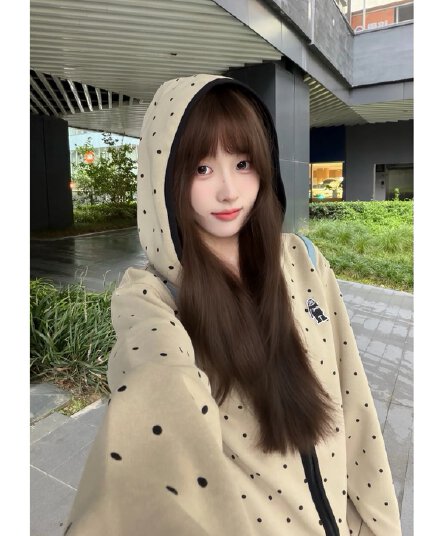 후아 면 복합 2026 도트 무늬 후드 오픈 가디건 남녀 명중 검은 색 테두리 자수 지퍼 후드티 재킷