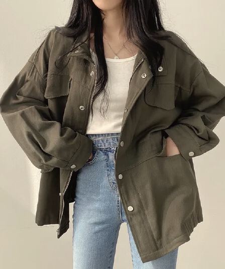 한국 chic 가을 레트로 품격 가짜 주머니 디자인 펌프 로프 허리 수축 슬림해 보이는 워크웨어 재킷 바람막이 여성 코트