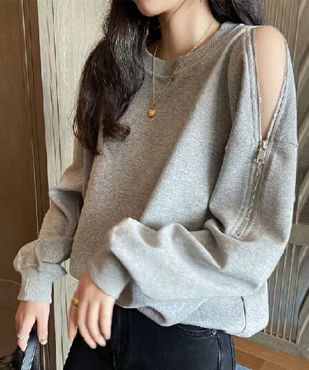 대외 무역 2026 섹션 oversize 후드티 여성 가을 얇은 스타일 루즈핏 디자인 센스 지퍼 긴팔 오프숄더 맨위 트렌디