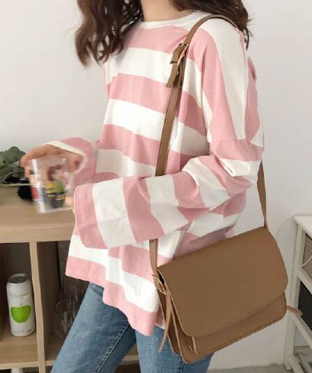공식 그림 가을 새로운 한국 스타일 긴팔 스트라이프 루즈핏 티셔츠 여성 트렌디