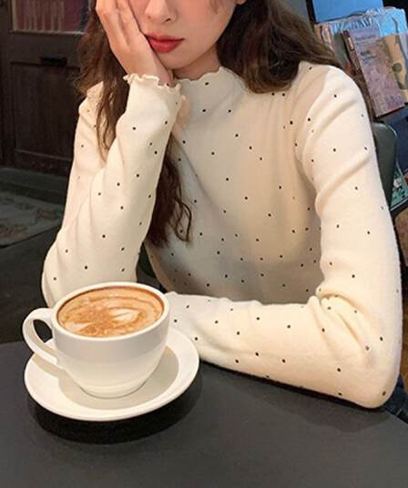 1 1 De 플러시 프릴 반하이넥 도트 무늬 기본 셔츠 여성 가을 겨울 몸매 가꾸기 인사이드 가져 가라. 긴팔 맨위