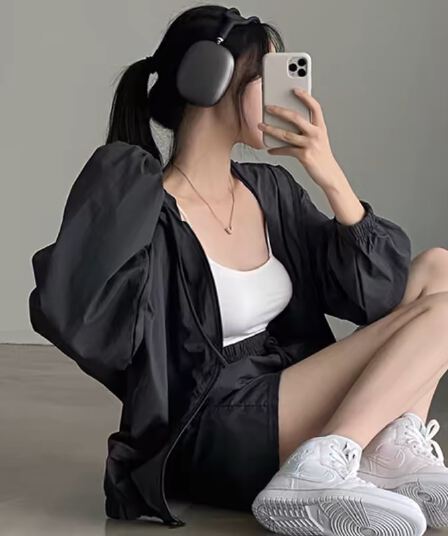 한국 chic 여름 미니멀리즘 품격 펌프 로프 후드 지퍼 자외선 차단 재킷 레이스업 하이웨이스트 운동 반바지 여성