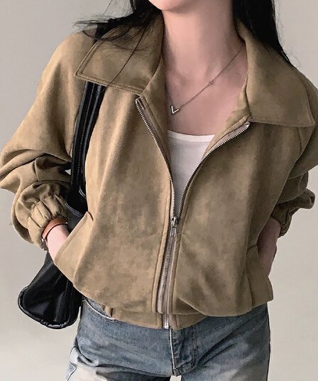 한국 chic 가을 프랑스식 레트로 폴로 칼라 당겨서 사슬 플러시 표면 센스 루즈핏 다용도 긴팔 쇼트 스타일 재킷 재킷