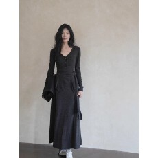 批发原版新款国风新中式极简花纱针织v领斜裁修身<b class='q'>连衣裙</b>女