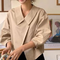 批发韩国chic秋季法式设计感翻领不规则交叉宽松百搭长袖风衣短外套女