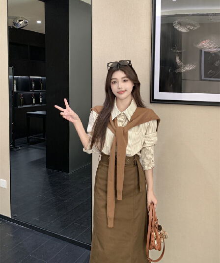 황혼 시애틀 봄 한 부서 레트로 스트라이프 빛 요리 한 바람 느슨함 외국 가스 슬림해 보이는 일상 투피스 세트