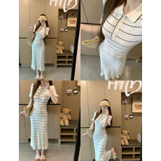 批发实拍新款女装法式气质条纹长款针织<b class='q'>连衣裙</b>