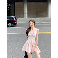 批发实拍浅粉色甜美公主花边连衣裙 少女收腰蓬蓬裙可爱裙