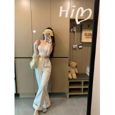 批发实拍感后背绑带串珠吊带背心女夏季休闲<b class='q'>套装</b>镂空高腰阔腿裤两件套