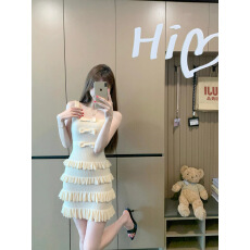 批发实拍四层荷叶边蛋糕吊带裙高腰气质千金风连衣裙