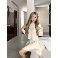 批发实拍气质小香风钉珠针织衫女<b class='q'>秋</b>新款遮肉百褶短裙套装