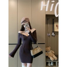 批发实拍<b class='q'>连衣裙</b>女秋冬纯欲一字肩灰色针织包臀裙