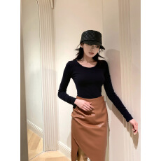 批发实拍焦糖莉莉安复古港风<b class='q'>性感</b>捏褶开衩包臀皮裙长半裙女