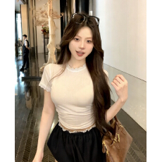 批发实拍舒弹轻透蕾丝边莱赛尔亚麻云朵衫T恤+花苞半裙