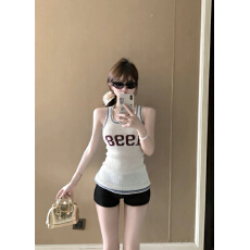 批发实拍针织背心女<b class='q'>春</b>夏仿麻美式复古薄款撞色上衣