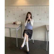 批发实拍蓝色上衣女<b class='q'>秋</b>季高级气质修身叠穿针织吊带松弛感两件套