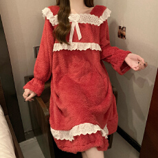 批发冬季睡裙女生长裙过膝长袖加厚加绒长毛绒260克睡衣小清新家居服