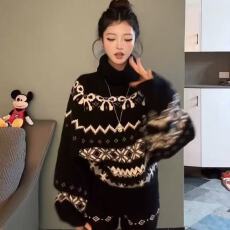 批发韩系穿搭一整套费尔岛提花高领毛衣外套上衣搭配<b class='q'>高腰</b>针织<b class='q'>短裤</b>女装