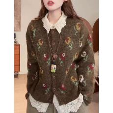 批发复古风花朵圆领开衫毛衣女秋冬<b class='q'>大码</b>宽松显瘦百搭软糯针织外套