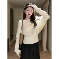 批发韩系温柔风气质斗篷式圆领针织衫女秋冬设计感百搭假两件毛衣上衣