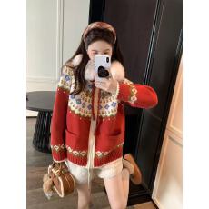 批发加厚毛领费尔岛连帽毛衣女2025新款<b class='q'>秋</b>冬红色复古慵懒针织外套开衫