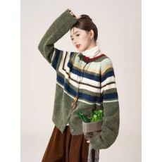 批发日系灰色长袖条纹<b class='q'>毛衣外套</b>女冬季新款宽松显瘦休闲针织开衫上衣潮