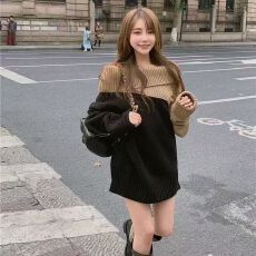 批发小众设计感一字肩露肩毛衣女中<b class='q'>长款</b>宽松慵懒风高领套头针织衫秋冬