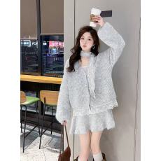 批发<b class='q'>大码</b>小香风时尚紫色套装女冬季胖MM韩系慵懒风针织衫半身裙两件套