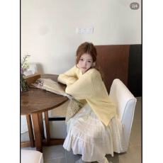 批发法式慵懒风<b class='q'>黄色</b>针织开衫女春季新款温柔风洋气宽松独特漂亮毛衣潮