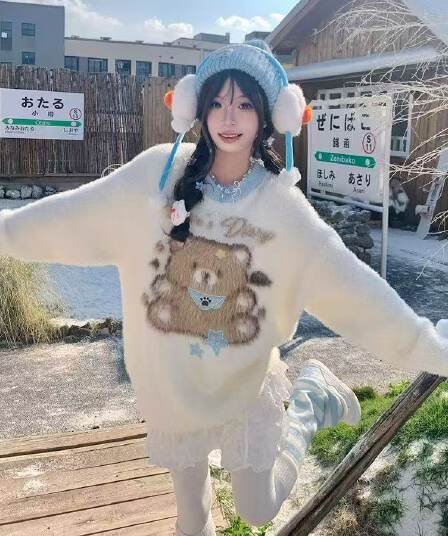 달콤함 작은 곰 자카드 부드러운 찹쌀 스웨터 여자 가을 겨울 느긋한 바람 루즈핏 모헤어 니트 맨위
