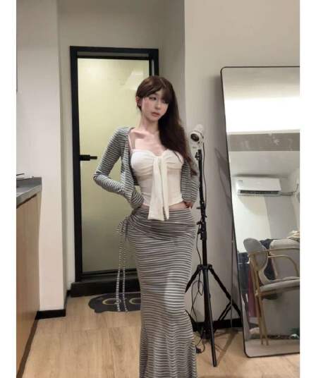 한 부서 순수한 욕망 2026 가을 새로운 슬림해 보이는 표지 고기 디스플레이 몸 조끼 긴팔 디자인 센스 스트라이프 세트 여성