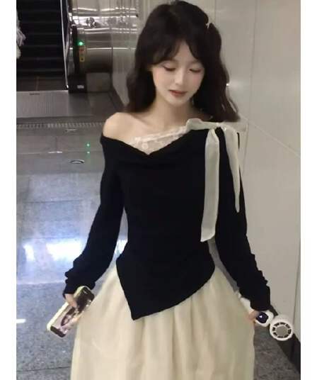사람들 면 한 부서 레트로 흔들다 칼라 긴팔 티셔츠 여성 이른 가을 몸매 가꾸기 패치워크 레이스 디자인 센스 캐주얼 다용도 맨위