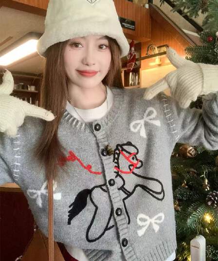 한 번 작은 짭짤한 한 부서 회색 자수 스웨터 오픈 가디건 여성 가을 겨울철 새로운 루즈핏 느긋한 니트 재킷 맨위